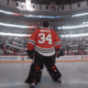 Petr Mrazek #34 of the Chicago Blackhawks takes in the National Anthem at the United Center